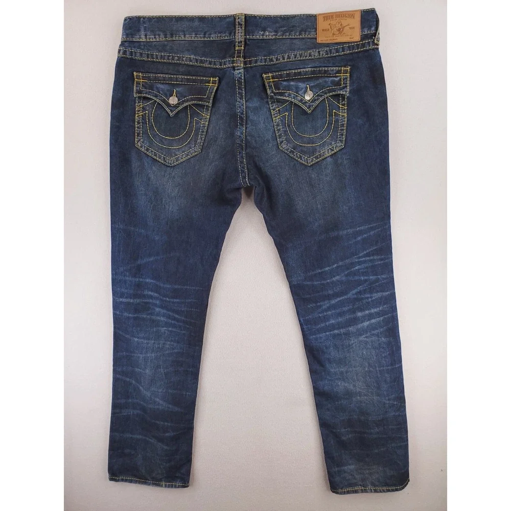 True Religion Jeans Mens 42x34 Skinny Flap Pocket Big T Y2K Hip Hop Thick Stitch